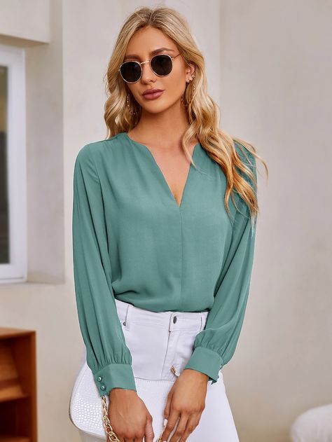 Western Dresses For Women, Turquoise Blouse, Shirt Style Tops, Tops For Women Casual, Western Wear For Women, Women Formals, Women's Casual Style, Chiffon Long Sleeve, Women Blouses