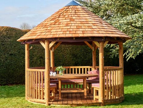 Commercial Garden Building | Thatch Projects Oak Gazebo, Round Gazebo, Cedar Shingle Roof, Wooden Hut, Timber Roof, Wooden Gazebo, Cedar Shingles, House Plan Gallery, Outdoor Entertaining Spaces