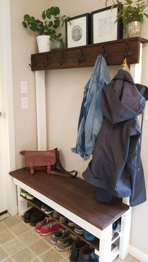 Shoe And Coat Rack, Rak Sepatu Diy, Diy Shoe Rack Ideas, Coat Rack Bench, Shoe Storage Bench Entryway, Diy Entryway Bench, Diy Coat Rack, Bench Mudroom, Entryway Coat Rack