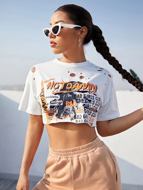 SHEIN Slogan Graphic Ripped Detail Super Crop Top | SHEIN USA Super Crop Top, Crop Top Design, Áo Crop Top, Cropped Graphic Tees, Spring Outfits Dresses, Crop Top Designs, Graphic Crop Top, T Shirt Crop Top, Bad Girls Club