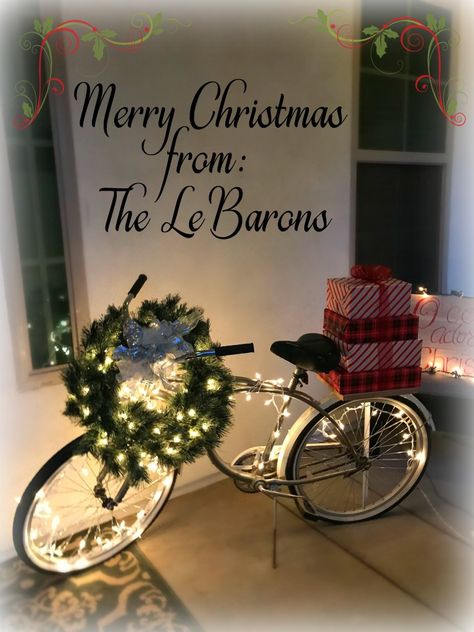 Bike Christmas Decor, Christmas Bike Decorations, Bicycle Christmas Decor, Christmas Bicycle Decor, Bicycle Decorating Ideas, Christmas Garden Ideas, Holiday Porch Decorations, Christmas Bike, Christmas Porch Decorations