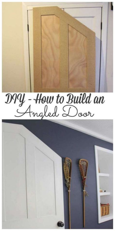 Our boys bedroom had no door and a quirky angled doorway so we created an angled door to fit perfectly. #angleddoor #door #diy http://lehmanlane.net Angled Doorway Ideas, Angled Doorway, Angled Door, Diy Doors, Attic Renovation Ideas, Attic Doors, Attic Bedroom Designs, Attic Playroom, Small Attic