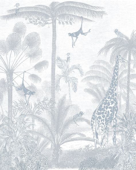 SHOP Vintage Jungle in Blue Gender Neutral Kids Room Wallpaper Mural Gender Neutral Nursery Wallpaper, Powder Blue Wallpaper, Neutral Nursery Wallpaper, Khaki Wallpaper, Gender Neutral Kids Room, Neutral Kids Room, Gender Neutral Style, Palm Wallpaper, Jungle Wallpaper