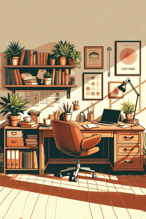 The beautifully illustrated home office design in in warm natural colors  #wprime #wprimewebagency #illustation #cutehomeoffice #homeoffice Remote Drawing, Workspace Illustration, Plush Office Chair, Office Illustration, Tranquil Home, Serene Home, Stacked Books, Task Lamp, Leafy Plants