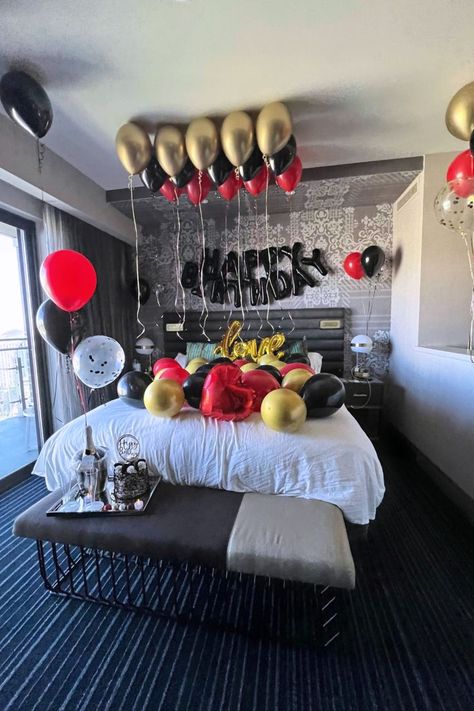 Decorated Birthday Room Girlfriend, Red And Black Hotel Room Decorations Birthday, 23 Birthday Decorations For Him, Birthday Arrangements For Men, Romantic Birthday Room Decorations, Birthday Room Surprise For Boyfriend Red, Happy Birthday Hotel Room Decor For Him, Decorate Hotel Room For Birthday For Him, Birthday Set Up Ideas For Him In Bedroom