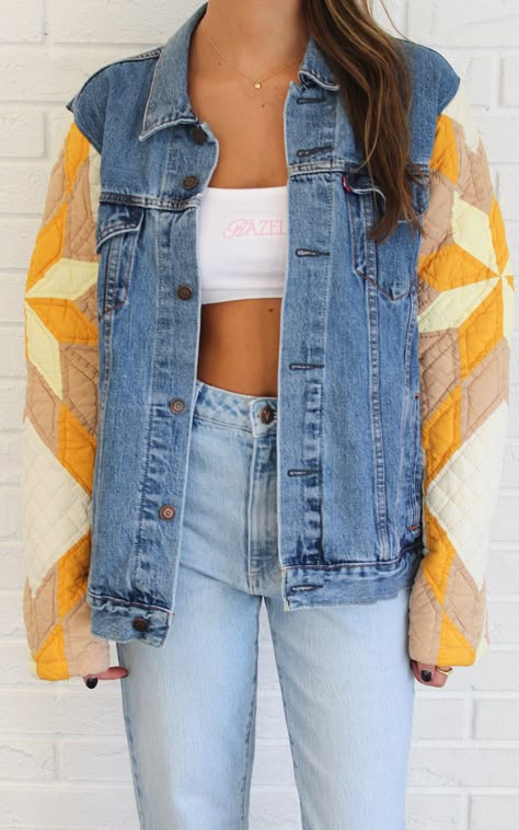 Shapeau Brand Oversized ONE OF A KIND Quilt Jacket Patch Quilt Jacket, Repurposed Quilt Jacket, Denim Jacket Quilt Back, Denim Quilt Jacket, Jean Jacket Quilt Patch, Quilted Jean Jacket, Granola Woman, Quilt Jacket Outfit, Fun Outfits For Women