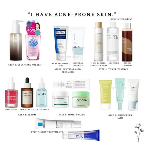 Acne-prone skin products and skincare routine suggestions #acneproneskin #acnetreatment #koreanskincareforacneskin Good Toners For Acne Prone Skin, Acne Skincare Routine Steps, Best Acne Routine Skincare, Skin Care For Sensitive Acne Prone Skin, Skincare For Dry Acne Prone Skin, Oily Acne Prone Skin Care Routine, Skin Care For Acne Prone Skin, Skincare Routine For Acne Prone Skin, Korean Skincare For Acne Prone Skin