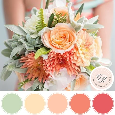 Rust And Peach Wedding Color Palettes, Floral Inspiration Board, Coral And Green Wedding, Wedding Colors Spring, Wedding Inspiration Spring, Apricot Wedding, Peach Bouquet, Best Wedding Colors, Wedding Mint Green