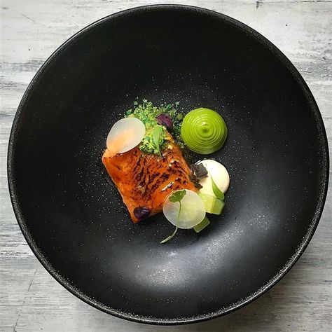 Miso glazed salmon, wasabi & radish. Artichoke Photo, Nasturtium Capers, Salmon Wasabi, Garlic Photo, Lamb Fillet, Garlic Artichoke, Gastronomic Food, Miso Glazed Salmon, Food Presentation Plates