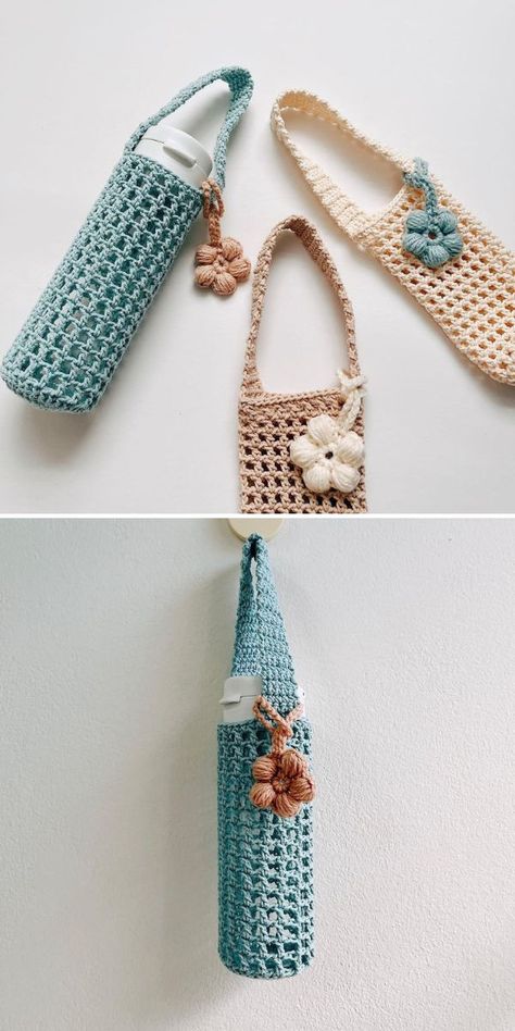 The Best Crochet Water Bottle Holder Ideas - Pattern Center Crochet Quotes, Crochet Water Bottle, Crochet Water Bottle Holder, Bottle Cozies, Crochet Mignon, Confection Au Crochet, Crochet Bag Pattern Free, Bag Pattern Free, Crochet Business