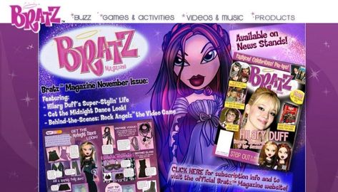 bratz website promoting the magazine, covered in art and dolls from the midnight dance line. Dominant purple colours throughout with a large meygan art piece to the right Bratz Midnight Dance, Old Websites, Brittany Murphy, Magazine Website, School Website, Lizzie Mcguire, Child Actors, Hilary Duff, Activity Games