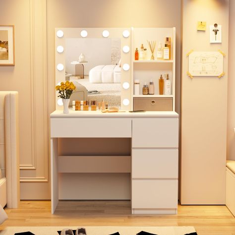 PRICES MAY VARY. [Perfect Size Vanity] Not too big or small, 37”(W)*15.8”(D)*55.1”(H), a perfect fit for small bedroom. Charming vanity with lots drawers, suitable for both teenagers and adults. Great gift for daughter, wife on birthday, Valentine's Day, Mother's Day. [Adequate Space/Storage] This vanity provide 4 drawers and 3 open shelves, easily to hold hair straightener, blow dryer, jewelry and all makeups, and also deep and big enough for lotions, make your bedroom more tidy and clean. [3 L Storage Hacks Bedroom, Makeup Vanity Lighting, Bedroom Makeup Vanity, Mirrored Vanity Desk, Small Vanity, Bedroom Idea, Bedroom Vanity, White Vanity, Vanity Desk