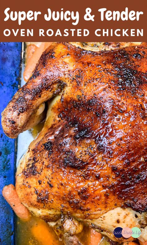 Tender and juicy oven roasted chicken made with a whole chicken, slathered and basted in savory herb and garlic infused butter, and roasted to a golden brown perfection! #wholechickenrecipes #chicken #roasted #thanksgiving #christmas #ovenbakedchicken #dinner Oven Baked Whole Chicken, Whole Chicken Recipes Oven, Baked Whole Chicken Recipes, Oven Roasted Whole Chicken, Whole Baked Chicken, Cooking Whole Chicken, Chicken Roasted, Infused Butter, Oven Chicken Recipes