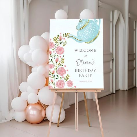 Birthday Tea Party Welcome Sign, Pink Floral Roses Birthday Girl Welcome Template, Blue Teapot Shower DIY Sign, Templett, AP53 - Etsy Tea For Two Backdrop, Tea Party Signs, Tea Party Birthday Decorations, Tea Party Welcome Sign, Tea Party Sign, Welcome Template, Roses Birthday, Tea Party Decor, Birthday Tea Party