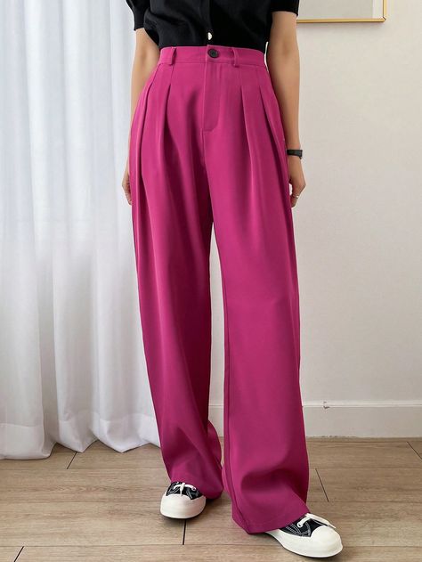 Hot Pink Casual Collar  Fabric Plain Wide Leg Embellished Non-Stretch Spring/Summer/Fall Women Clothing Pink Pants Outfit, Hot Pink Pants, Business Casual Pants, Pleated Wide Leg Pants, Satin Pj Set, Pink Trousers, Wide Leg Dress Pants, Pink Pants, Women Pants