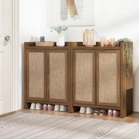 Shoe Cabinet With Doors, Rattan Shoe Cabinet, Rattan Cabinet, Shoes Cabinet, Organizer Cabinet, Hallway Closet, Wooden Shoe Racks, Sideboards Living Room, Cabinet With Doors