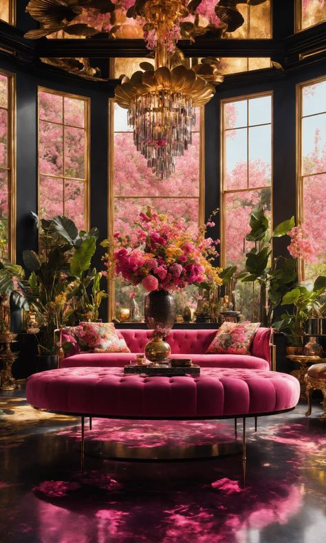 Monochromatic Pink Living Room, Girly Lounge Room, Dark Green And Pink Living Room, Whimsy Goth Living Room, Pink And Green Living Room, Magenta Office, Speakeasy Decor, Maximalist Living Room, Shabby Chic Interior Design