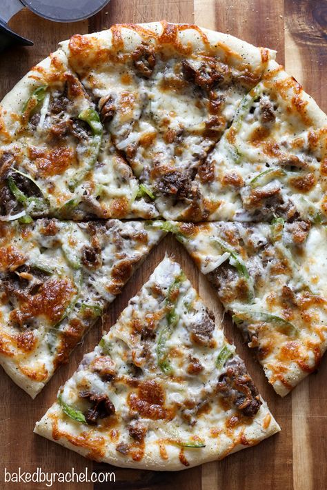 Baked by Rachel » Cheesesteak Pizza Cheese Steak Pizza, Green Peppers And Onions, Cheesesteak Pizza, Leftover Steak Recipes, Mushroom Pizza Recipes, Perfect Homemade Pizza, Pizza Oven Recipes, Steak Pizza, Leftover Steak