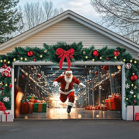 Christmas Garage Door Covers, How To Decorate Garage Door Christmas, Townhouse Outdoor Christmas Decor, Covered Front Porch Christmas Decor, Porch Light Christmas Decorations, Arch Christmas Decorations Entryway, Christmas Decorations For Garage Door, Outdoor Tree Christmas Decorations, Christmas Rooftop Decorations