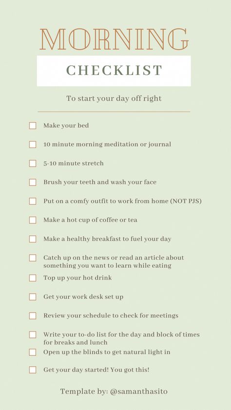 Working from home is now the normal for most of us. Let's make it more comfortable with a few simple steps! Morning Checklist, Studera Motivation, Morning Routine Checklist, Healthy Morning Routine, Trening Fitness, Self Care Bullet Journal, Morning Meditation, Life Routines, Vie Motivation