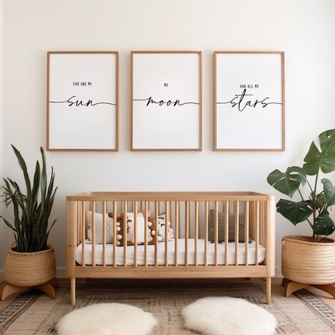 Are you decorating your baby room with moon and stars? This set of three would look perfect above the crib or on that accent wall you are planning. This printable quote wall art is simple and minimal but still has a beautiful message for your child: "You are my sun, my moon, and all my stars." Or maybe you know of someone special that is awaiting a little one and you are looking for that perfect new baby gift to brighten their space. This set would be great for a baby boy nursery or a baby girl Sun And Moon Themed Nursery, Neutral Nursery Wall Decor, Gender Neutral Baby Rooms, To The Moon And Back Nursery, Above Crib Decor Boy, Sun Nursery Theme, Small Nursery Ideas Neutral, Moon Nursery Theme, Moon Themed Nursery