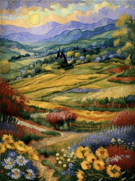 Vincent van Gogh | The clouds and the sun are shining, the colors are bright, the flowers are everywhere. Van Gogh Landscape Paintings, Vicente Van Gogh, Van Gogh Flower Paintings, Van Gogh Style Painting, Famous Flower Paintings, Vincent Van Gogh Artwork, Famous Landscape Paintings, Van Gogh Flowers, Van Gogh Landscapes