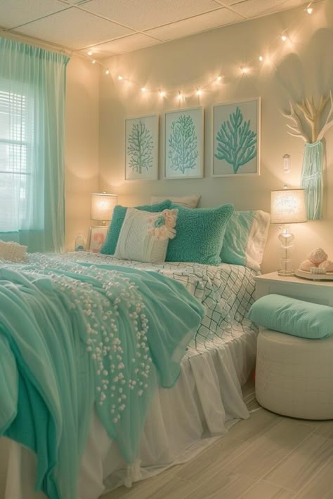 Aqua Dorm Room Ideas, Bedroom With Coral Accents, Interesting Room Ideas, Ocean Reef Aesthetic, Ocean Aesthetic Decorations, Teen Beach Room Ideas, Diy Ocean Room Decor, Coral Room Ideas Bedrooms, Cute Things To Add To Your Room