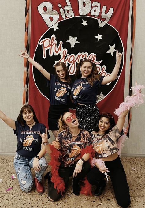 Rock And Roll Pep Rally Outfit, Rock And Roll Bid Day Theme, Rock And Roll Bid Day, Fnl Outfits, Sorority Themes, Rock Music Festival, Spring Recruitment, Recruitment Themes, Bid Day Themes