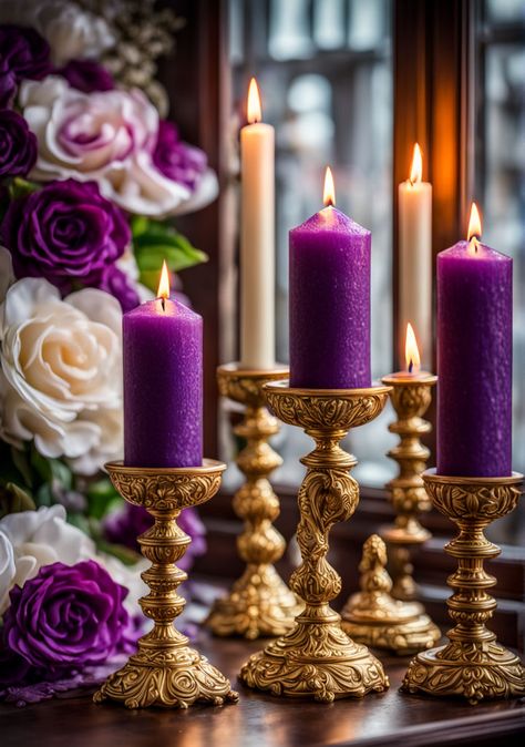 Decoration - luxuory purple and gold candles - AI creation Purple And Gold Party Centerpieces, Purple And Gold Centerpieces, Purple And Gold Party Decorations, Gold Table Decorations, College Collage, Purple Candle, Wedding Theme Color Schemes, Purple And Gold Wedding, Candle Arrangements