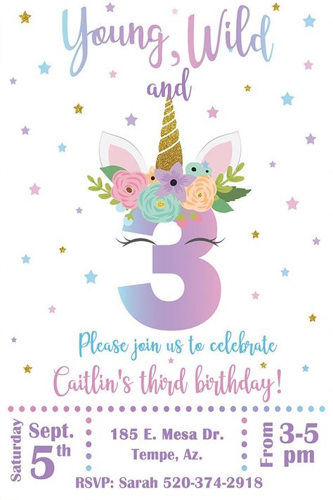 Aug 14, 2018 - This young, wild, and three unicorn birthday invitation is perfect for your little girl's third birthday. It can be customized with or witho Wild And Three Invitation, 3rd Birthday Party For Girls, Third Birthday Girl, Third Birthday Invitations, Young Wild And Three, Girls 3rd Birthday, Unicorn Invitation, Unicorn Birthday Invitation, Unicorn Themed Birthday Party