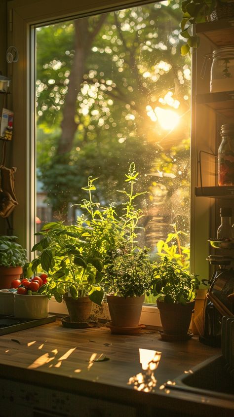 "Sunny Kitchen Greens: The warm #sunlight bathes a selection of potted #herbs and #tomatoes on a #kitchen windowsill. #plants #aiart #aiphoto #stockcake ⬇️ Download and 📝 Prompt 👉 https://stockcake.com/i/sunny-kitchen-greens_825162_985392" Garden View Kitchen, Spring Showers Aesthetic, Sunny Cottagecore, Garden Window Kitchen, Sunny Morning Aesthetic, Pot Wallpaper, Sunny Cottage, Colonial Windows, Sunlight Aesthetic