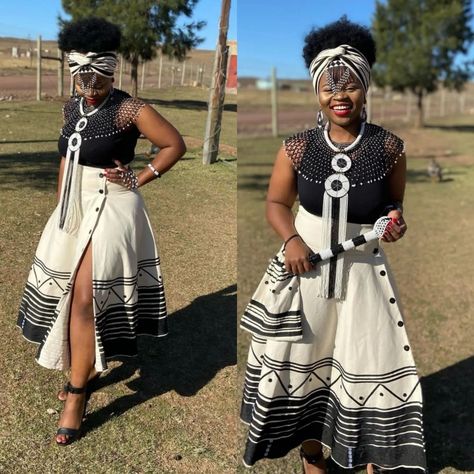 Modern Xhosa Attire For Teens, Xhosa Traditional Skirts, Umbhaco Xhosa Skirts, Black And White Xhosa Traditional Dress, Xhosa Outfits For Women, Xhosa Traditional Attire Women, Xhosa Skirt, Umbhaco Xhosa Designs, Xhosa Makoti Outfits