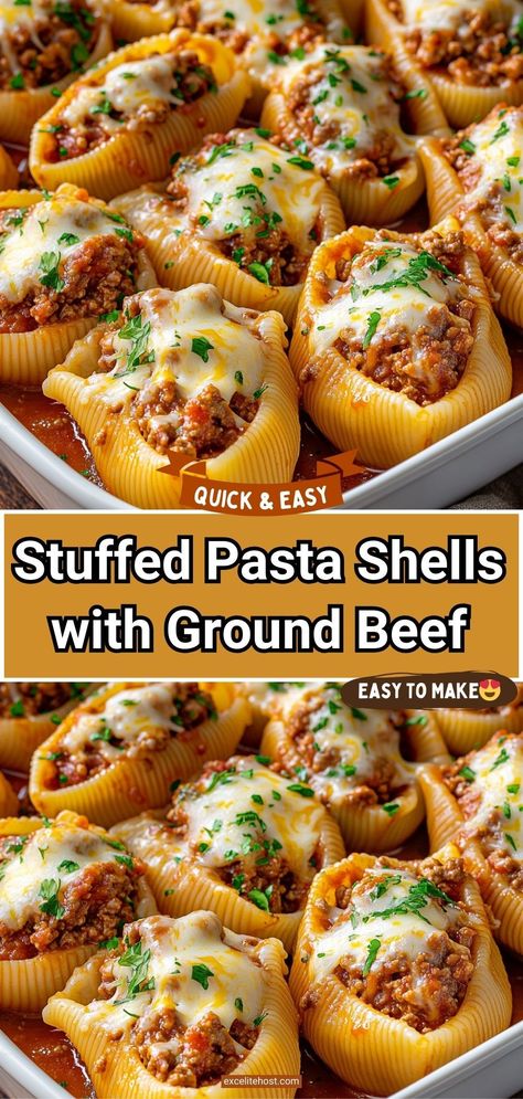 These are super tasty, creamy, and cheesy stuffed pasta shells with ground beef for a weeknight dinner. My family likes pasta dishes very much, so they were very happy to try these Stuffed Pasta Shells with ground beef, ricotta, mozzarella, and parmesan. It tastes so good with crusty bread, hot sauce, and Italian salad. Stuffed Cheesy Shells, Pasta Recipes Stuffed Shells, Big Shell Noodle Recipes, Giant Stuffed Shells Recipe, Beef And Shells Pasta, Stuffed Macaroni Shells, Ricotta And Ground Beef Recipes, Stuffed Shells Casserole, Large Shell Pasta Recipes Ground Beef