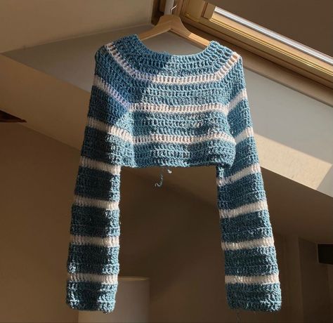 Striped Mesh Crochet Sweater, Crochet Sweater Striped, Crochet Sweater Aesthetic, Raglan Sweater Crochet, Raglan Crochet Sweater, Crochet Striped Sweater, Crochet Raglan Sweater, Crochet Mesh Sweater, Blue Crochet Sweater