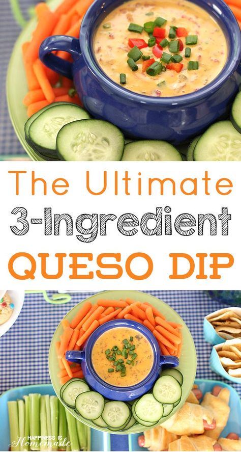 The Ultimate 3-Ingredient Queso Dip Recipe by Happiness is Homemade #QuesoForAll #ad 3 Ingredient Queso Dip, Homemade Queso Dip Easy, Easy Queso Dip 3 Ingredients, Quick Queso Dip, Queso Dip Easy, Easy Queso, Queso Dip Recipe, Queso Dip Recipes, Potluck Ideas