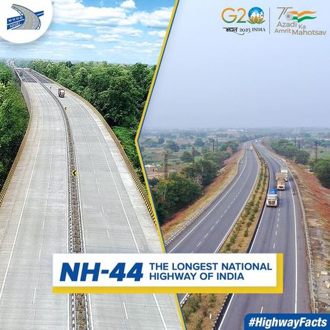 NH 44 is the longest National Highway in India, connecting Srinagar with Kanyakumari. #NHAI #HighwayFacts National Highway, Kanyakumari, Srinagar, India, Road