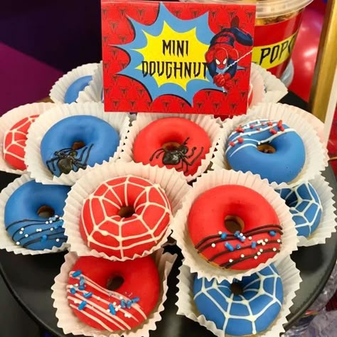 Batman Spiderman Birthday Party, Spiderman Treat Table, Spider Man Birthday Treats, Spidey Birthday Treats, Spiderman Birthday Party 4, Spiderman Rice Crispy Treats, Spider Man Dessert Table, 3rd Birthday Party For Boy Spiderman, Superhero Desserts