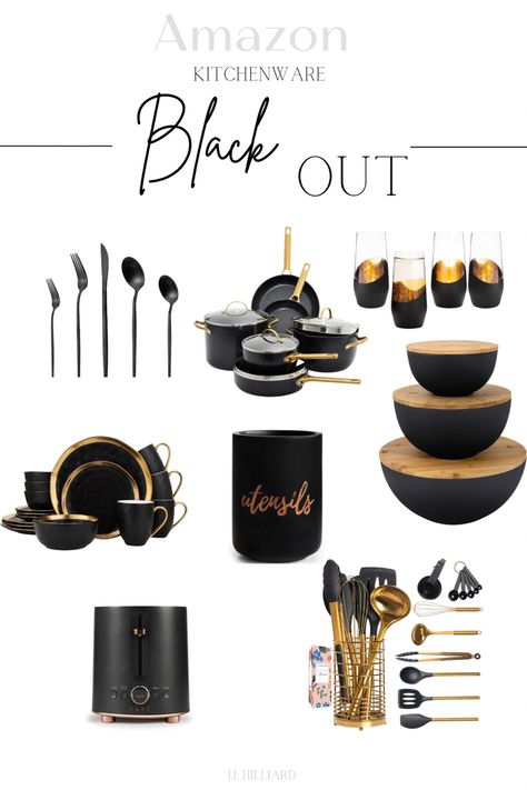 Amazon home, Amazon Finds, Black Decor, Black kitchenware, Kitchen utentils, black and gold kitchenware, black kitchenware, black forks, utensil holder, toaster, chic kitchenware Black And Clear Kitchen Decor, Gold Black Kitchen Decor, Black And Wood Kitchen Utensils, Black Silicone Kitchen Utensils, Black Kitchen Dishes, All Black Kitchen Decor, Black Cream And Gold Kitchen, Black And Gold Pots And Pans, Gold Black Home Decor