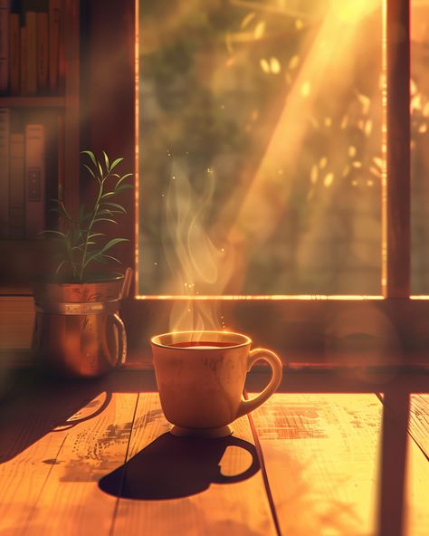 A warm cup of joy, Start your day with sunshine through the window and a cozy kitchen. ☕✨ — #MorningRoutine #CozyKitchen #SunshineMorning #AnimeArt #WindowView Farsi Poem, Dobro Jutro, Good Morning Coffee Gif, Yearbook Themes, Sunset Rose, Glitch Wallpaper, Happy Kitchen, Girly Wall Art, Cafe Art