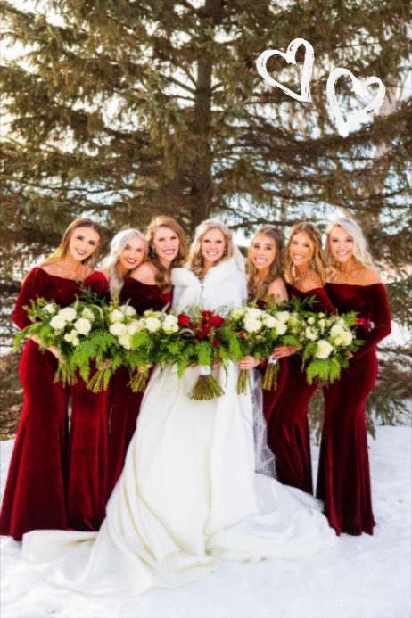 Winter Wedding Bridesmaid Dresses With Sleeves, Red Bridesmaid Dresses Christmas, Winter Wedding Red Bridesmaid Dresses, Red Elegant Bridesmaid Dresses, Christmas Themed Bridesmaid Dresses, Christmas Themed Wedding Bridesmaids, Red Bridesmaids Dresses Winter, Winter White Bridesmaid Dresses, Burgundy Winter Bridesmaid Dresses