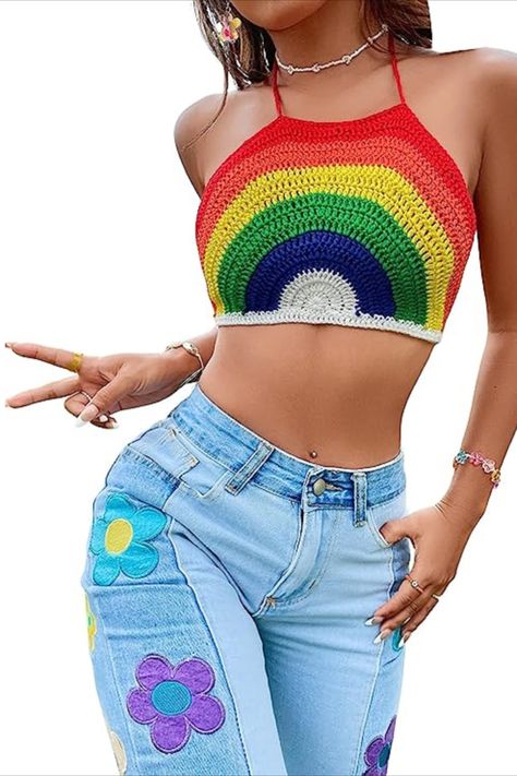 Rainbow striped, backless, tie back, halter neck, knit, casual, crop tops for women Suitable for dating, going out, gathering, travel, festival, party, vacation or Halloween Casual Crop Tops, Unique Couple Halloween Costumes, Crop Tops For Women, Festival Crop Tops, Cute Summer Tops, Mode Crochet, Backless Crop Top, Rainbow Crochet, Crochet Halter