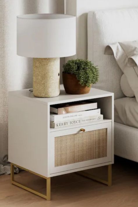 Nathan James Mina White/Gold … curated on LTK Nathan James Storage Bookshelf, White Furniture Room, Nathan James Nightstand, Nathan James Bookshelf Fireplace, Rica Whitewash Grasscloth Nightstand By Leanne Ford, White And Rattan Nightstand, Nathan James, Coastal Aesthetic, Furniture Room