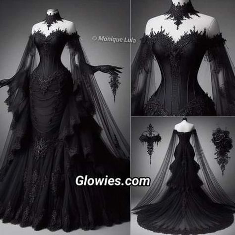 "Discover the beauty of bold elegance in our stunning black wedding dress! 🖤 Embrace individuality and make a statement on your special day with timeless sophistication." Inspired by Gothic Darling. Designer Monique Lula from New Orleans Black Dramatic Dress, Wedding Gothic Dress, Gothic Royalty Aesthetic Dress, Black Aesthetic Wedding Dress, Dark Goth Wedding, Vampiric Wedding Dress, Gothic Victorian Wedding Dress, Black Gothic Dresses, Black Wedding Dress Ideas