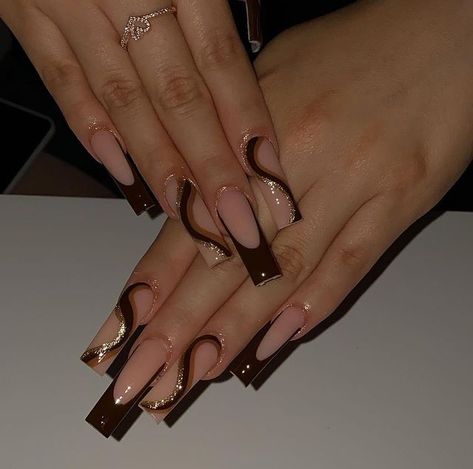 Nail Inspo Brown, Gold Nails French, Kardashian Nails, Acrylic Nails Long, Nails Long Square, Burgundy Acrylic Nails, Nails With Pink, Brown Acrylic Nails, Brown Nails Design