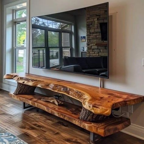 Table Made Of Wood, Rustic Tv Table, Diy Wood Tv Stand, Live Edge Tv Stand, Natural Wood Tv Stand, Live Edge Wood Furniture, Live Edge Shelves, Wood Entertainment Center, Wood Table Design