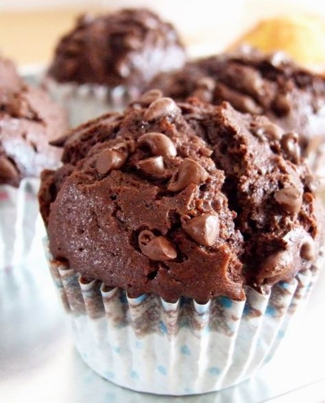 Clean eating Chocolate muffins with greek yogurt, cocoa, and applesauce, 58 calories each. - Click image to find more Food & Drink Pinterest pins Muffins With Greek Yogurt, Oreo Dessert, Think Food, Chocolate Chip Muffins, Chocolate Muffins, Healthy Treats, Healthy Desserts, Greek Yogurt, Just Desserts