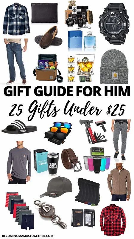 Holiday gift guide for him with a variety of gift options for every budget. Gift options under $25, $50, and $100. #holidaygiftguide #giftguide #giftsformen #giftsforhim #giftsforhusband Mens Christmas Gifts Under $25, Men Gift Ideas Christmas, Gifts For My Husband, Beard Growth Kit, Lined Flannel Shirt, Gifts Under 25, Budget Gift, Gift Guide For Him, Best Lunch Bags