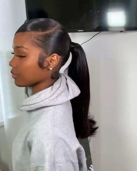 Side Swept Ponytail Black Hair, Black Slick Back Ponytail, Short Slick Back Ponytail, Slick Back Hairstyles With Weave, Black Homecoming Hairstyles, Flipped Ponytail Hairstyles Black Women, Ponytail Black Girls Hairstyles, Slick Back Hairstyles Ponytail, Side Part Ponytail Weave Black Women