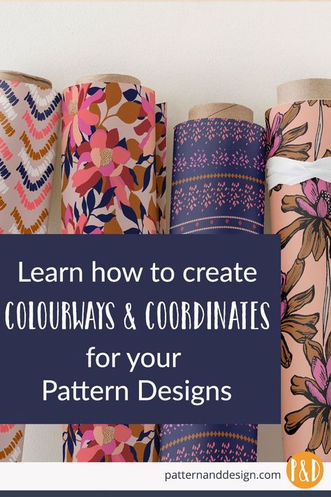 As a surface pattern designer as well as being able to create beautiful designs, another key skill you need is to be able to create colourways and coordinates. Colourways and coordinates are designs that go with your main design to form part of a range.  #surfacepatterndesign #patterndesign #colourways #coordinates #designcollections #createdesigns Vintage Surface Pattern Design, Graphic Trends 2023 Design, Surface Pattern Design Inspiration, Café Design, Fabric Print Design, Surface Patterns, Scandinavian Pattern, Illustration Simple, Clay Stamps