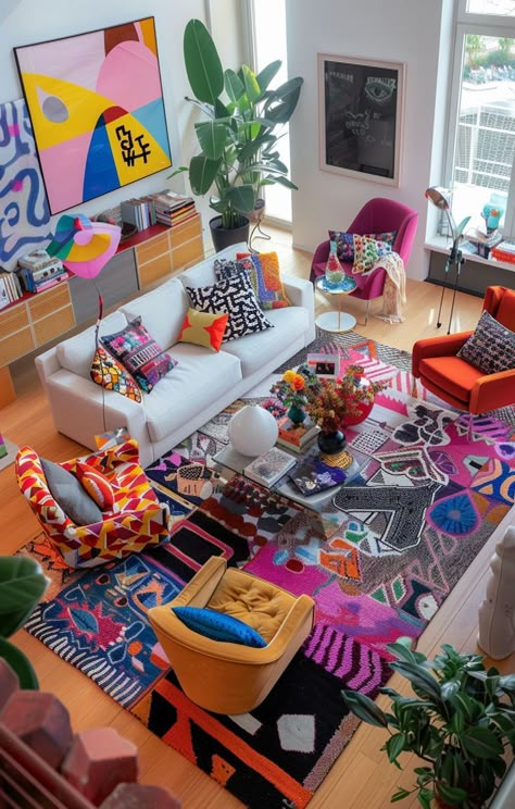 Pop Color Living Room, Vibrant Living Room Ideas Eclectic, Bright Rug Living Room, Color Pop Living Room, Modern Maximalist Interior Design, Funky Rugs Living Room, Eclectic Apartment Living Room, Cozy Colorful Living Room, Groovy Living Room